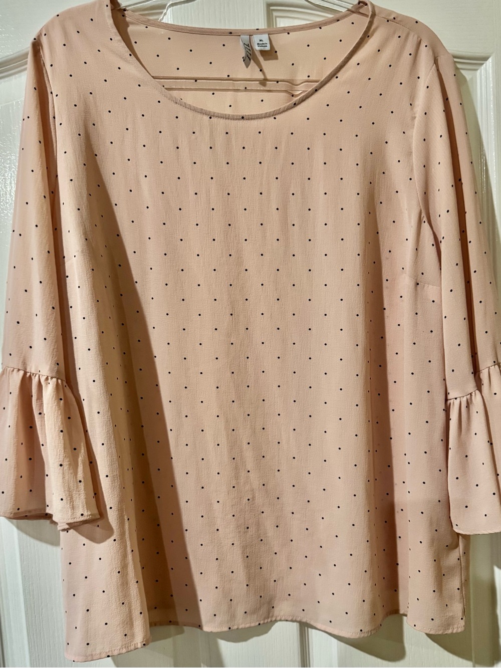 Elle Light Pink Sheer Blouse with Bell Sleeves XL Black Polka Dots